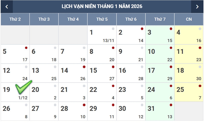 Lịch âm tháng 12/2025 - 05