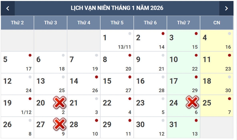 Lịch âm tháng 12/2025 - 01