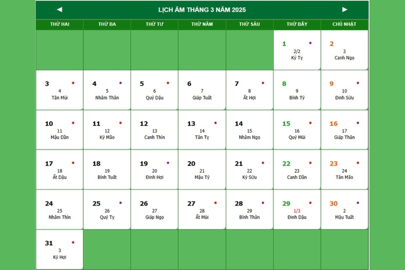 Lịch âm tháng 3 2025 2
