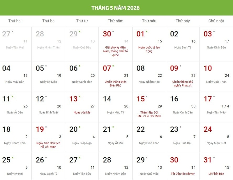 Lịch âm tháng 5 2026 3
