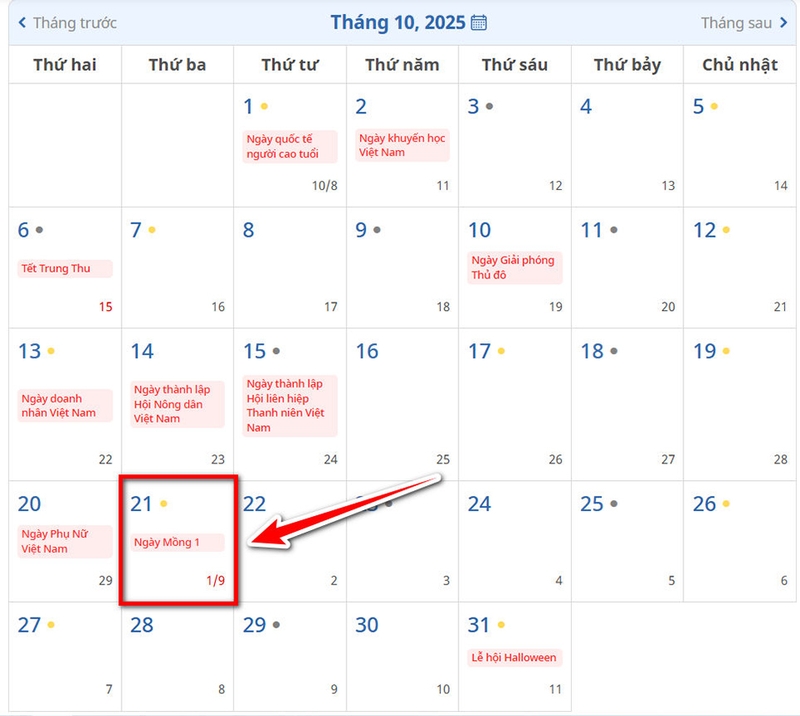 Lịch âm tháng 9/2025 - 05