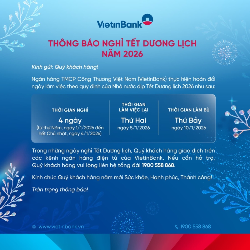 Lịch nghỉ Tết Dương lịch 2026 các ngân hàng 3