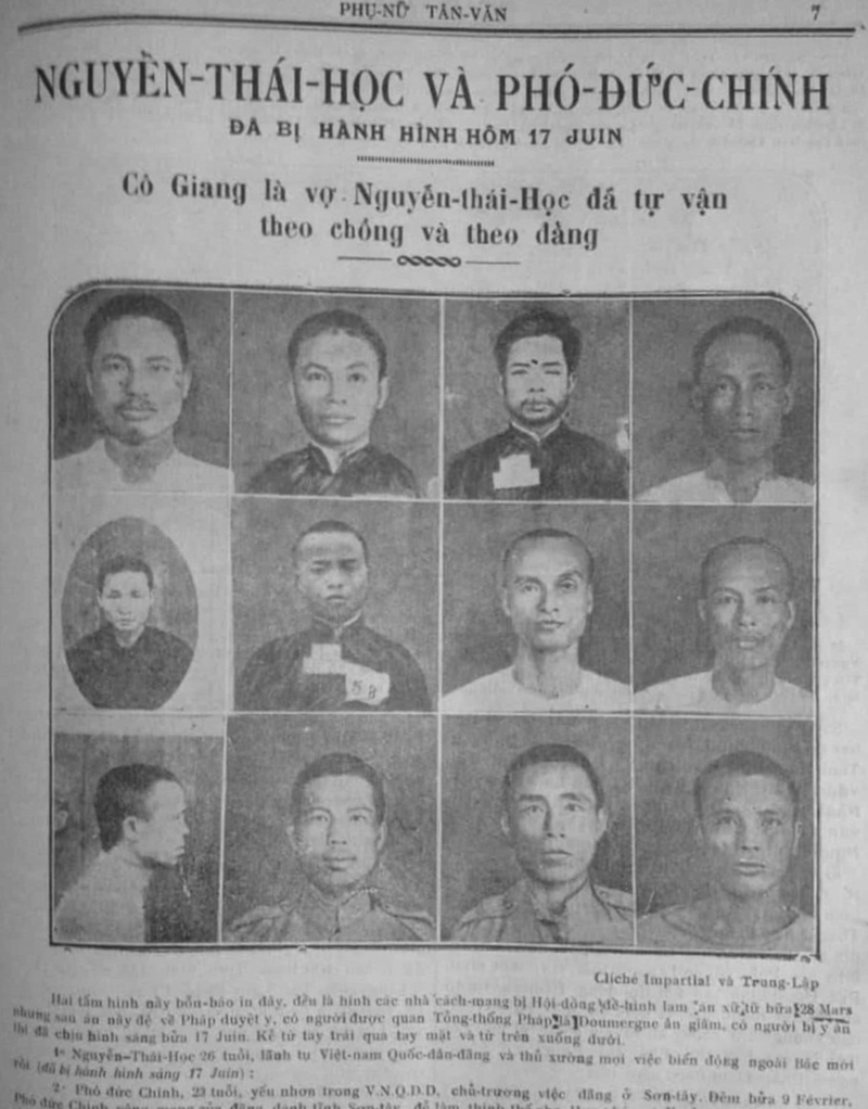 1930 – Nguyễn Thái Học, Phó Đức Chính cùng 11 đảng viên Quốc Dân đảng bị chính phủ bảo hộ Pháp chặt đầu do tiến hành Khởi nghĩa Yên Bái.