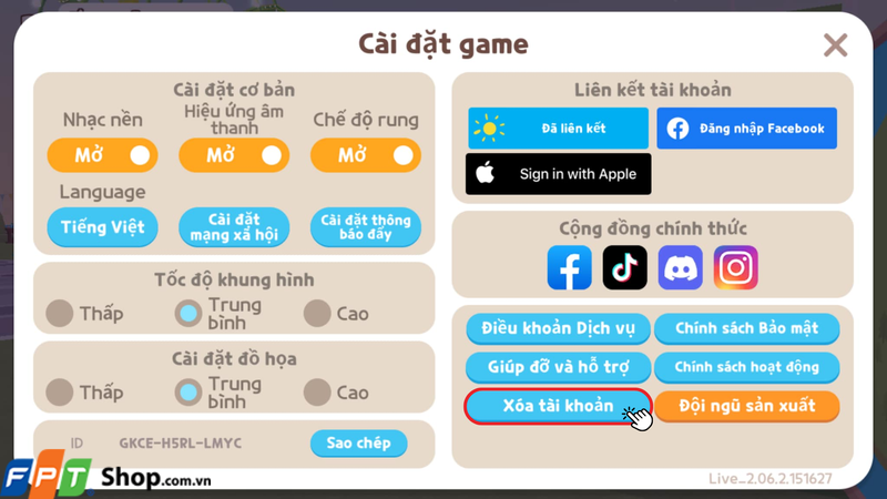 Ở giao diện Cài đặt trò chơi, bạn nhấn vào nút Xóa tài khoản
