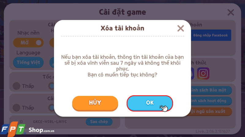 Sau khi có thông báo hiện lên, bạn nhấn nút OK để xác nhận xóa tài khoản Play Together