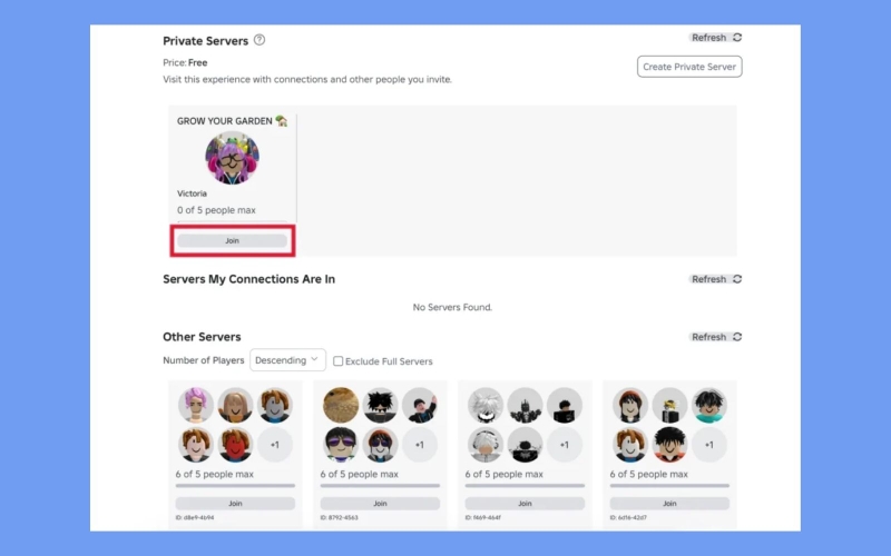 Bước 3: Trải nghiệm server riêng Grow A Garden
