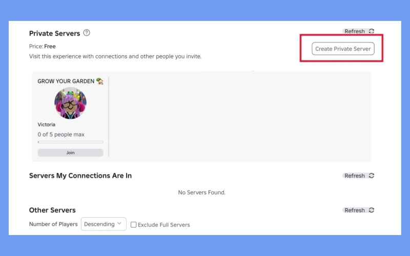 Cách tạo server riêng trong Grow A Garden