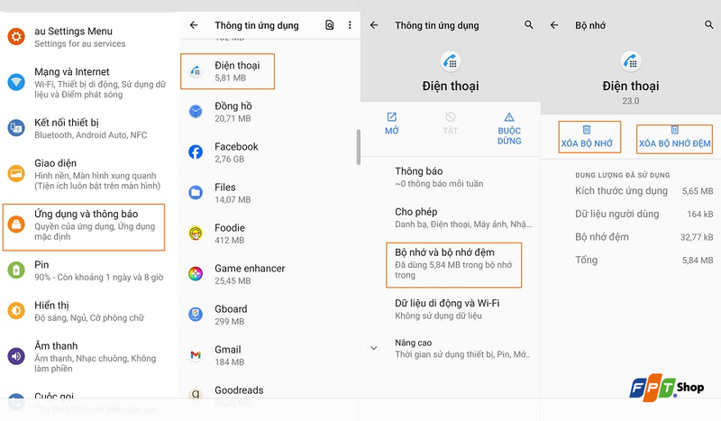 Xóa bộ nhớ cache và dữ liệu của ứng dụng Điện thoại
