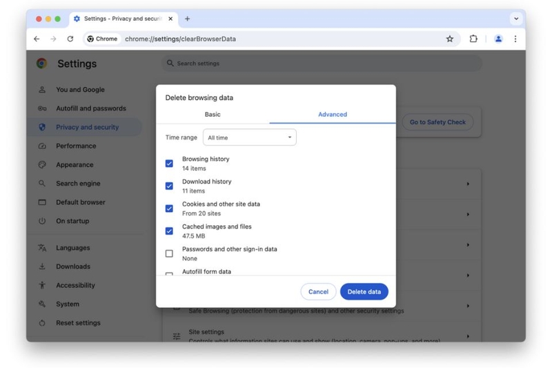 Xóa dữ liệu duyệt web