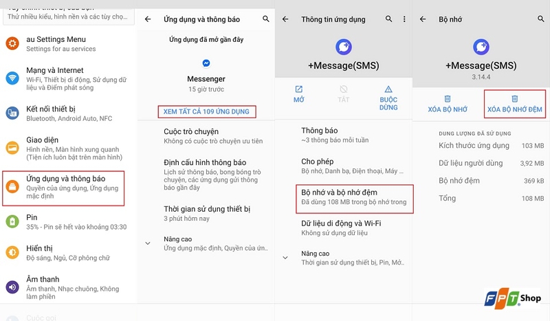 Xóa bộ nhớ đệm ứng dụng Tin nhắn