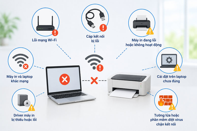 Nguyên nhân gây lỗi kết nối máy in với laptop