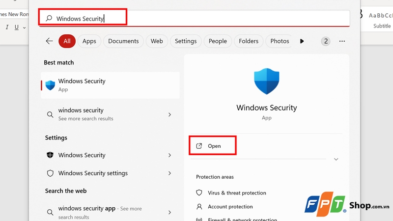 Mở Windows Security