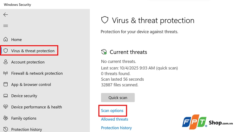 Nhấn vào Scan options