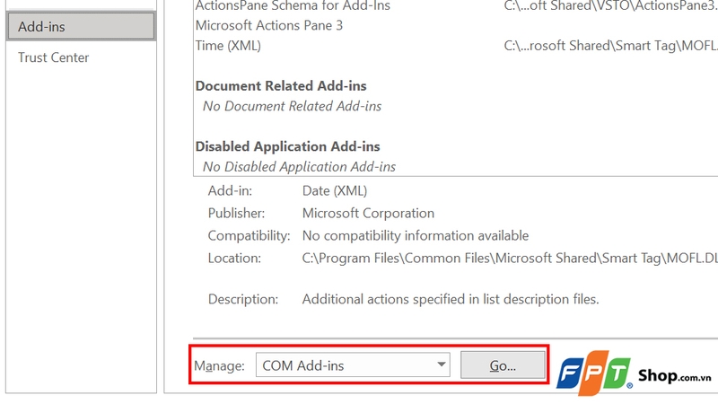 Nhấn COM Add-ins và chọn nút Go