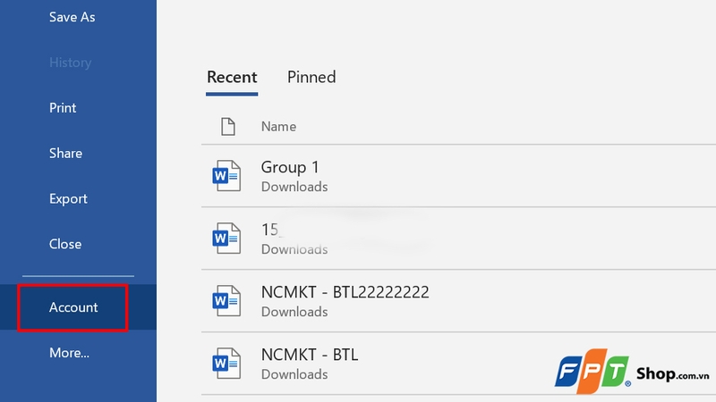 Nhấn vào mục Account