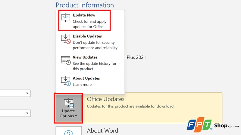 Nhấn Update Options và chọn Update Now
