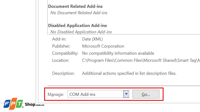 Chọn COM Add-ins rồi nhấn Go