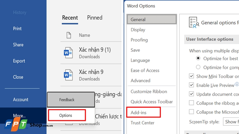 Chọn mục Add-ins