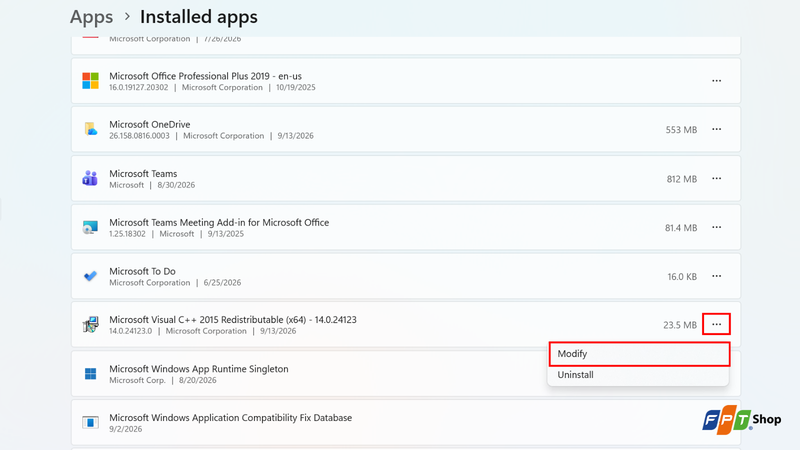Tìm Microsoft Visual C++ Redistributable rồi chọn Modify