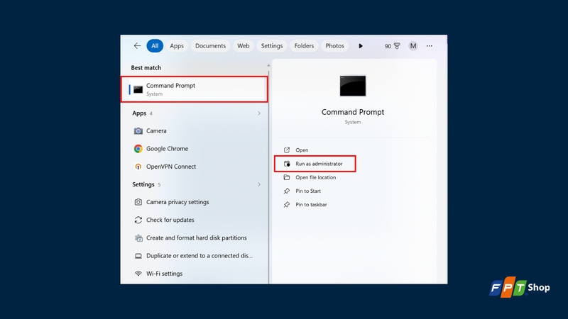 Chạy Command Prompt ở quyền quản trị viên