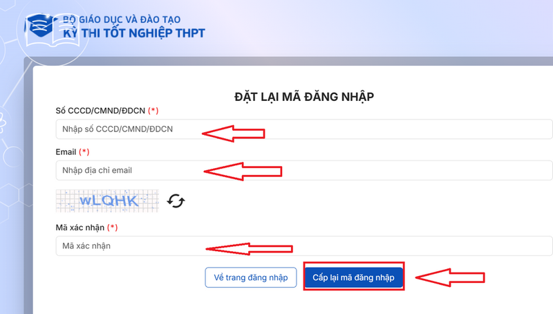Điền thông tin lấy lại mã đăng nhập