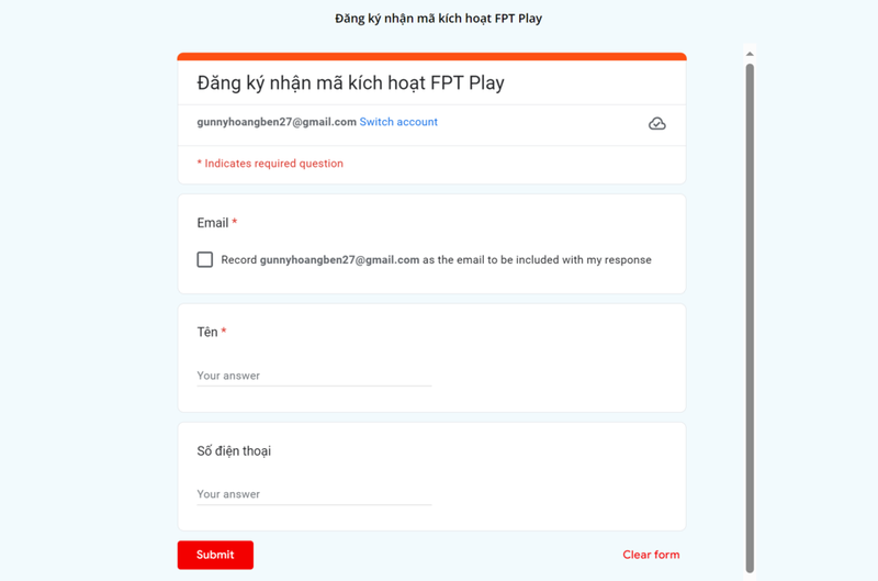 Đăng ký nhận mã FPT Play