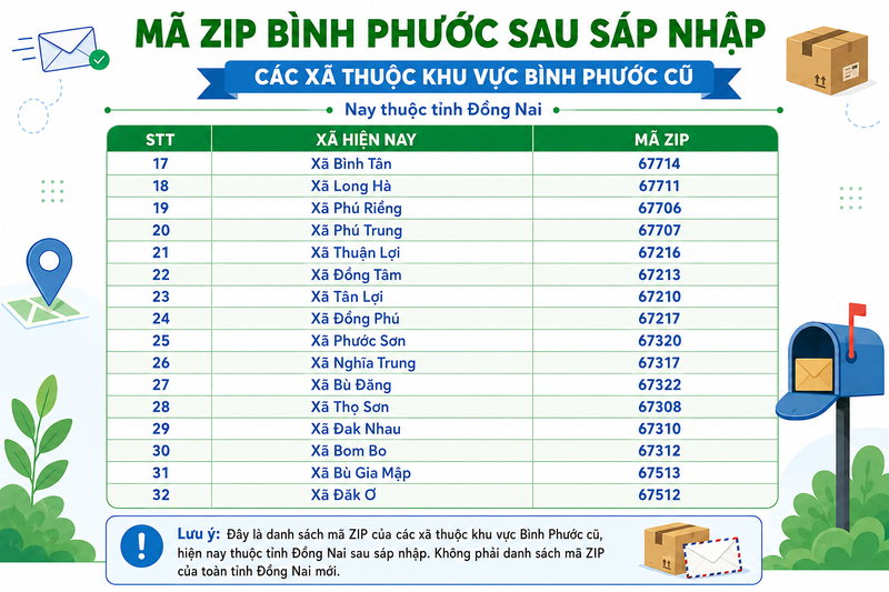 Danh sách mã ZIP Bình Phước 2026 theo xã - Bảng 2