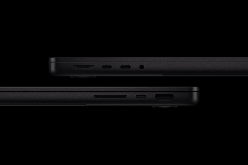 MacBook Pro 14 inch M6 tích hợp ba cổng Thunderbolt 4, HDMI và khe thẻ SDXC, thuận tiện kết nối thiết bị ngoại vi.