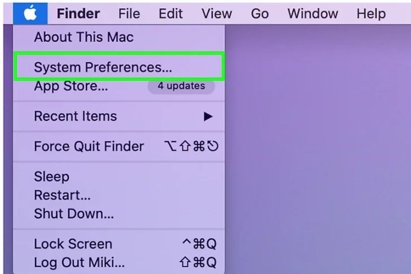 Truy cập vào biểu tượng quả táo cắn dở sau đó chọn System Preferences