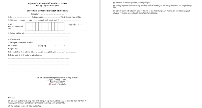 Mẫu đơn báo mất passport
