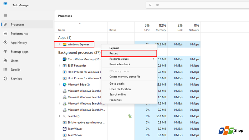 Khởi động lại Windows Explorer