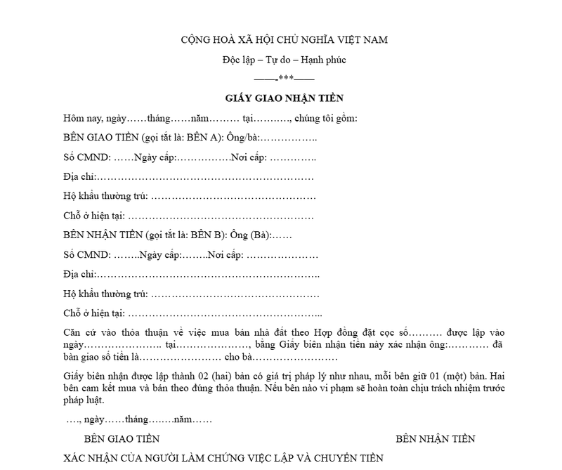 Mẫu giấy biên nhận tiền file&nbsp;Word - Mẫu 1