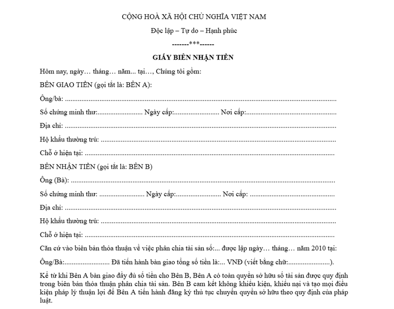 Mẫu giấy biên nhận tiền file&nbsp;Word&nbsp;- Mẫu 3