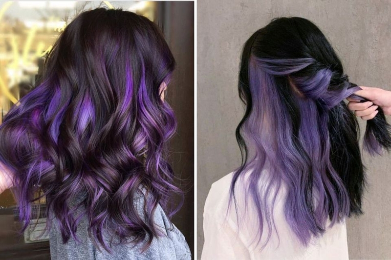 Tóc xanh kết hợp tím highlight trên nền đen