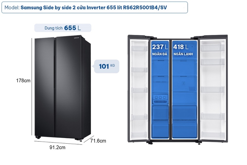Tủ lạnh Samsung Inverter Side by Side 655 lít RS62R5001B4/SV