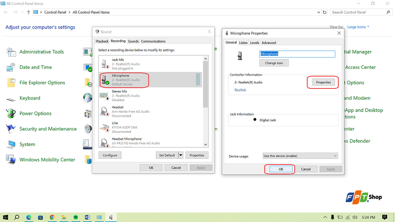 Mở cửa sổ thiết lập micro và thiết lập các thông số