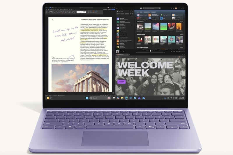 Surface Laptop 13 2026 sử dụng màn hình tỷ lệ 3:2, mang lại không gian hiển thị theo chiều dọc rộng hơn khi làm việc với tài liệu và website.