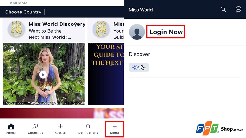 Vào mục “Menu” sau đó chọn “Login Now”
