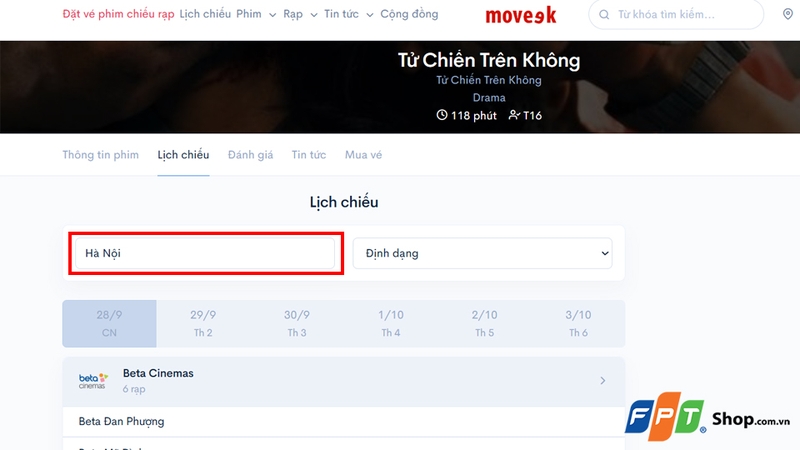 Chọn rạp và suất chiếu phù hợp