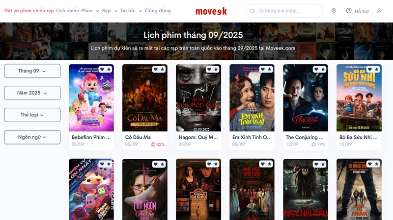 Nền tảng Moveek luôn cập nhật đầy đủ lịch chiếu