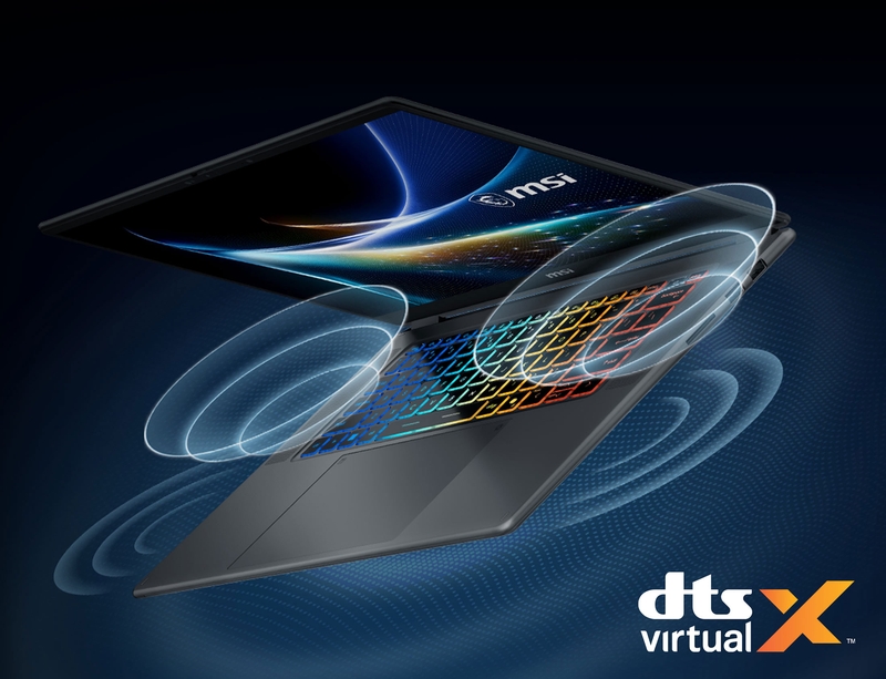 Công nghệ DTS Virtual:X trên MSI Prestige N16 Flip AI+ tạo hiệu ứng âm thanh vòm khi xem phim và giải trí.