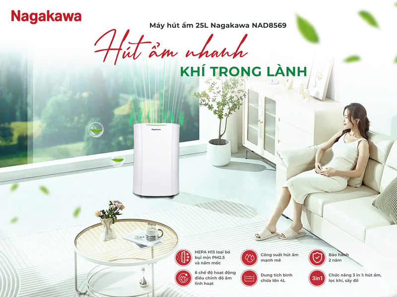 Máy hút ẩm lọc không khí 25 lít Nagakawa NAD8569 - hình 5