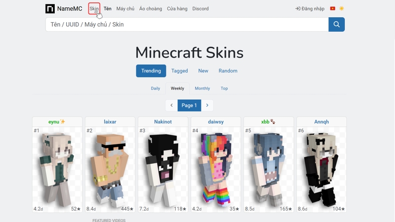 Truy cập vào website NameMC và chọn mục Skin