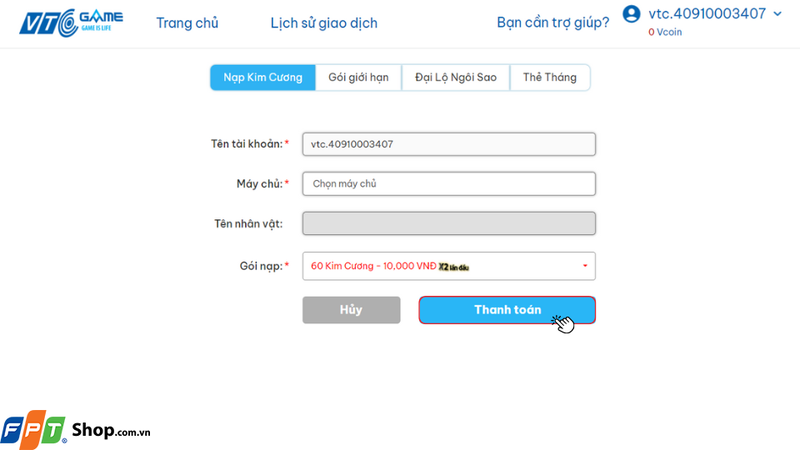 Nhấn vào ô Thanh toán để tiến hành thanh toán gói nạp