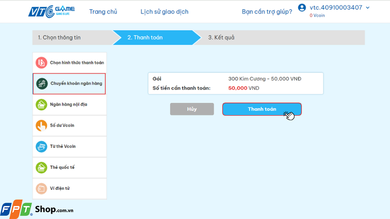 Hãy kiểm tra lại thông tin gói nạp và số tiền bạn cần phải thanh toán, sau đó nhấn nút Thanh toán để thanh toán giao dịch