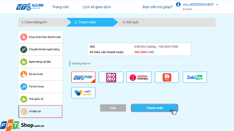 Lựa chọn phương thức thanh toán là Ví điện tử và nhấn nút Xác nhận để tiếp tục quá trình thanh toán