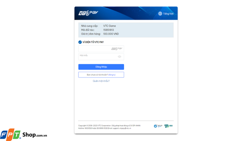 Chọn 1 trong 6 ví điện tử được hỗ trợ và nhấn nút Thanh toán để tiến hành thanh toán giao dịch