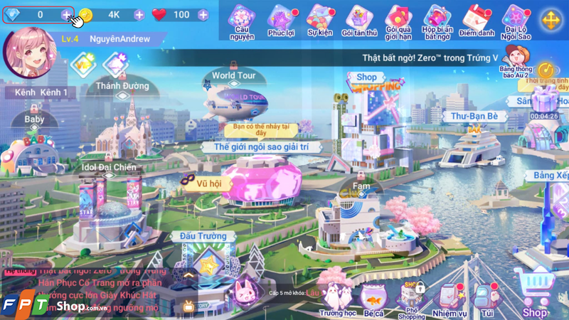 Nhấn vào dấu + tại mục Kim cương để tiến hành nạp kim cương vào tài khoản