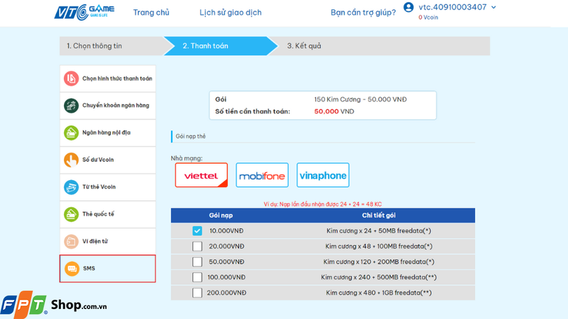 Lựa chọn phương thức thanh toán là SMS