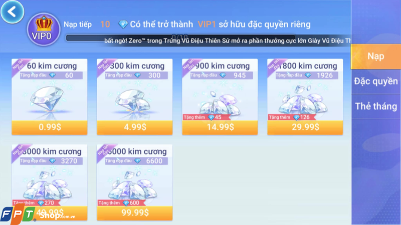 Nhấn chọn bất kì gói kim cương nào mà bạn muốn nạp vào tài khoản